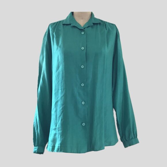 Vintage 1970s Blue Green Long Sleeve Silk Lightweight Collared Blouse Top - S - Picture 1 of 9